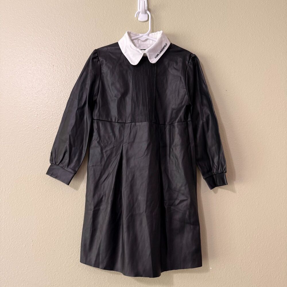 Karl Lagerfeld Kids Black Faux Leather Dress with Removable Collar Girls Size 8